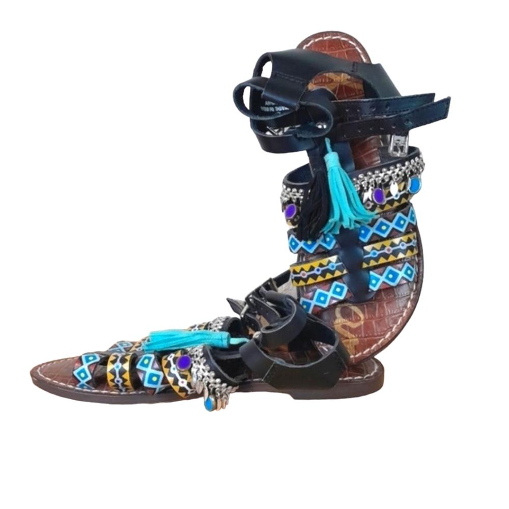 Sam Edelman Boho Gladiator Leather Sandals Turquoise Tassel - Size 6
